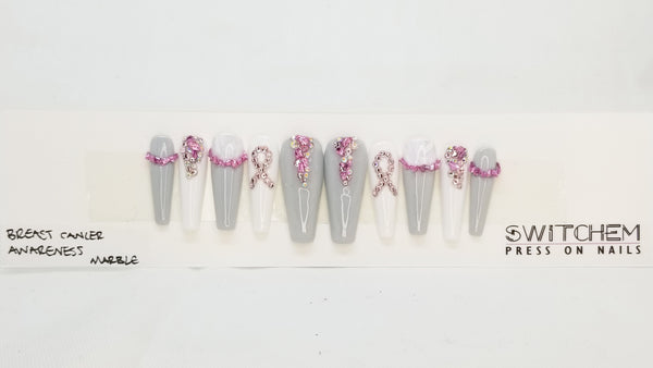 BREAST CANCER AWARENESS MARBLE SWITCHEM PRESS ON NAILS