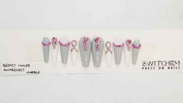 BREAST CANCER AWARENESS MARBLE SWITCHEM PRESS ON NAILS