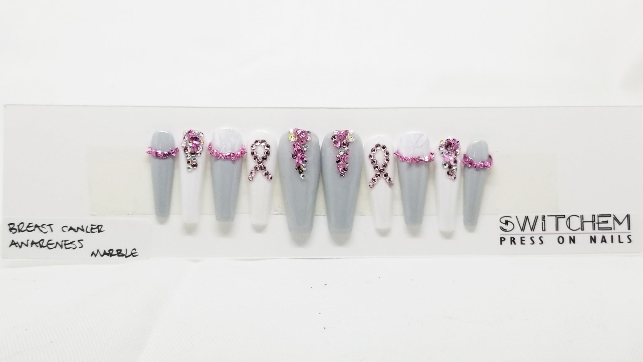 BREAST CANCER AWARENESS MARBLE SWITCHEM PRESS ON NAILS