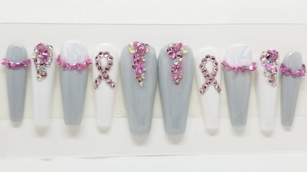 BREAST CANCER AWARENESS MARBLE SWITCHEM PRESS ON NAILS