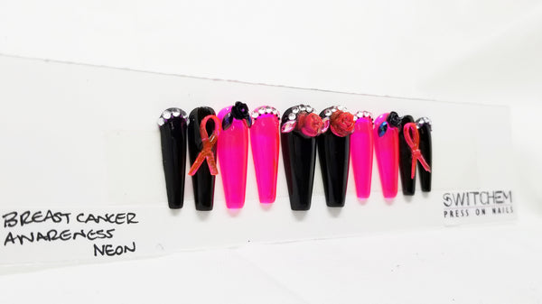 BREAST CANCER AWARENESS NEON SWITCHEM PRESS ON NAILS